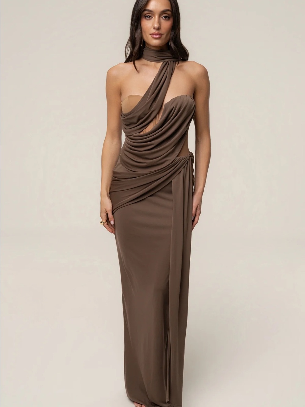 One-Shoulder Draped Maxi Dress in Chocolate Brown